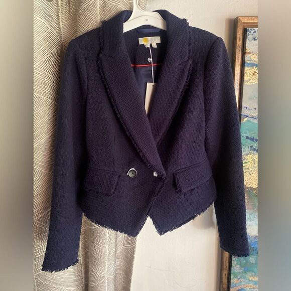 Boden Navy Blue Collared Textured Cotton Blend Jacket Blazer  Sz 2 NWT - Picture 1 of 13